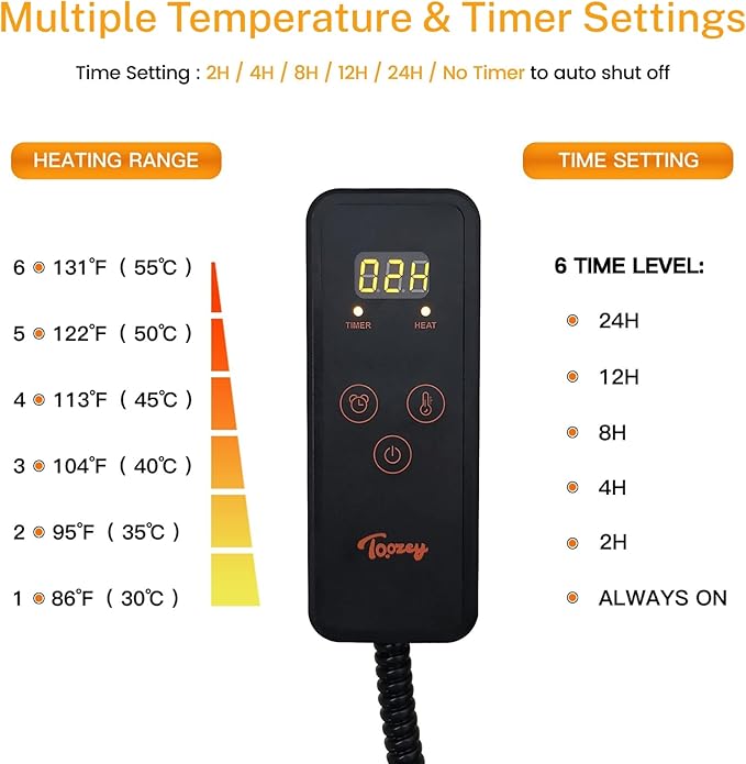 Toozey Pet Heating Pad, 6 Adjustable Temperature Dog Cat Heating Pad with Timer, Waterproof Heated Dog Bed with Chew Resistant Cord, Indoor Electric Pet Heated Mat 28x20in