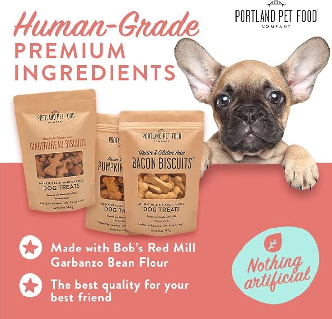 Portland Pet Food Company Bacon Dog Treats Healthy Biscuits for Large Medium & Small Dogs - Grain-Free, Human-Grade, All Natural Cookies, Snacks & Training Treats - Made in The USA - 3 Pack (5 oz)
