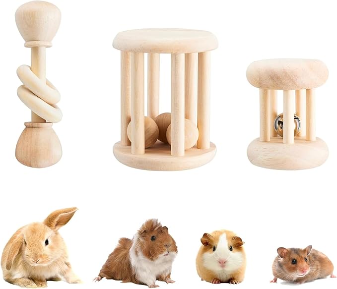 KABASI 3 PCS Wooden Bunny Toys, Safe Rabbit Guinea Pigs Bite-Resistant Natural Wooden Chew Teeth Grinding Toys for Chinchillas Hamsters Small Animals Rat Playing Indoor Outdoor