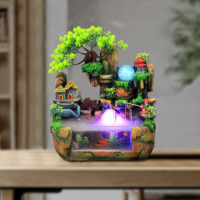 Tabletop Waterfall Fountain with Rockery, Mini Silent Indoor Ornament Desk Water Fountain Desktop Simulation Resin with Atomizer LED Small Fish Tank for Office Bedroom Home Decor Fisherman