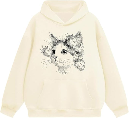 Oversized Hoodies for Women 2025 Trendy Cute Dog Cat Print Sweatshirts Hooded Pullover Tops with Kangaroo Pocket