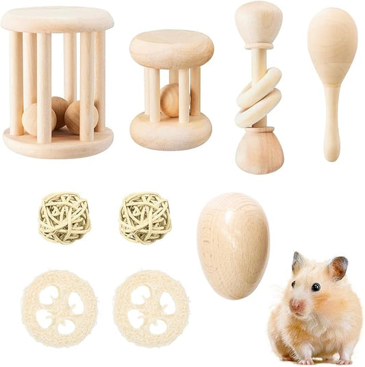 9 Pcs Wooden Bunny Toys,Bite-Resistant Guinea Pigs Toys,Safety Bunny Chew,Rabbit Teeth Grinding, for Chinchillas Hamsters Small Animals Playing Teeth Grinding Indoor Outdoor(Wood)
