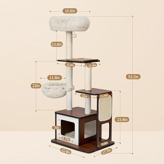 54-Inch Premium Multi-Level Modern Cat Tree & Tower - Unique Design Indoor Cat Condo with Scratching Posts, Hammock, Top Perch & Interactive Drop Ball Toy