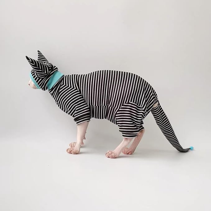 Sphynx Cat Clothes Black Stripe Breathable Shirts Suit, Pet Hat and Shirt Set (Large)