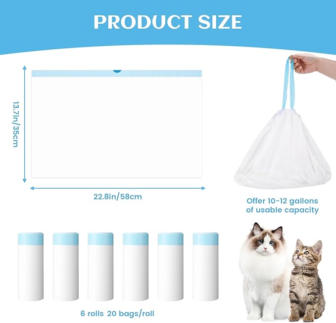 120 Count Self-Cleaning Cat Litter Box Liners Bag Compatible with Meowant MW-SC01/MW-SC02/MW-LR01, Heavy Duty Thick Drawstring Replacement Cat Litter Bags Self Cleaning Litter Box Bags 22 * 13"
