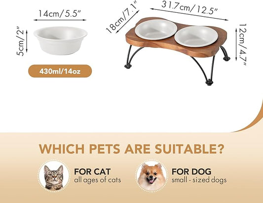 Ceramic 5.5-inch Raised Double-Bowl Set with Non-Slip Stand, Food & Water Dishes for Puppies and Cats, Wide Opening with Rounded Edges(Matt White)