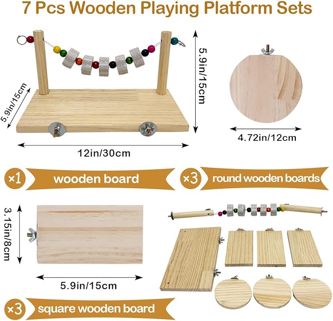 7 Pcs Chinchilla Ledges Wood Sets, Hamster Wooden Stand Platform with Lava Ledge Blocks Chew Toys Small Animal Cage Accessories for Rat Gerbil Guinea Pig Parrot Chipmunk Squirrel Mouse