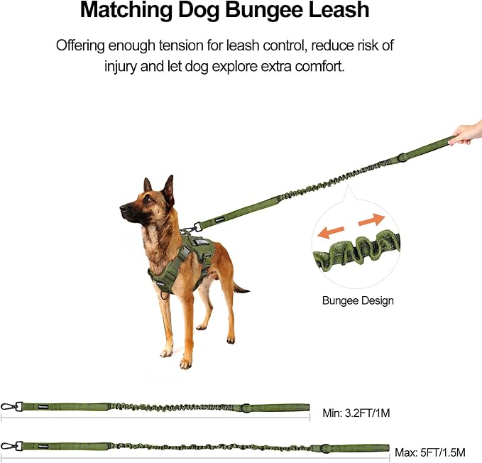 Petmolico Tactical Dog Harness with Leash, No Pull Dog Harness with Hook and Loop Panels for Hiking Training Military Service Dog Harness with Patches for Small Dogs, Army Green S