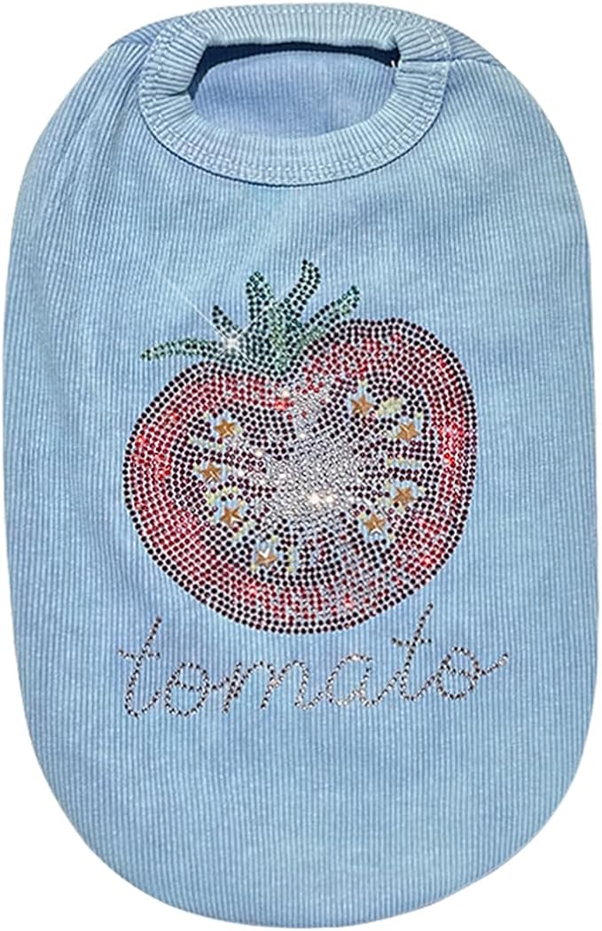 Washed Cotton Pet Vest with Rhinestone Fruit Designs, Soft & Stylish Small Dog Cat Vest for Spring Summer, Breathable & Shiny (Blue-Tomato, X-Large)