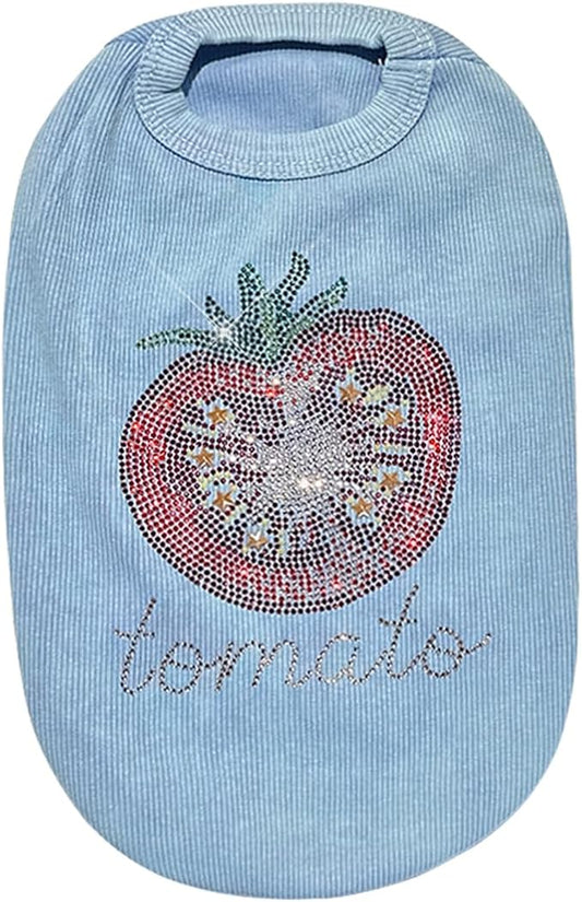Washed Cotton Pet Vest with Rhinestone Fruit Designs, Soft & Stylish Small Dog Cat Vest for Spring Summer, Breathable & Shiny (Blue-Tomato, X-Large)