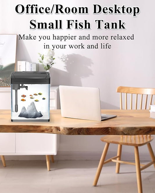 Small Fish Tank Aquarium Kit, HD Glass Betta Fish Tank with 3-in-1 Silent Water Pump Filter System, Self Cleaning Aquarium Starter Kit with LED Light Suitable for Small Fish or Shrimp