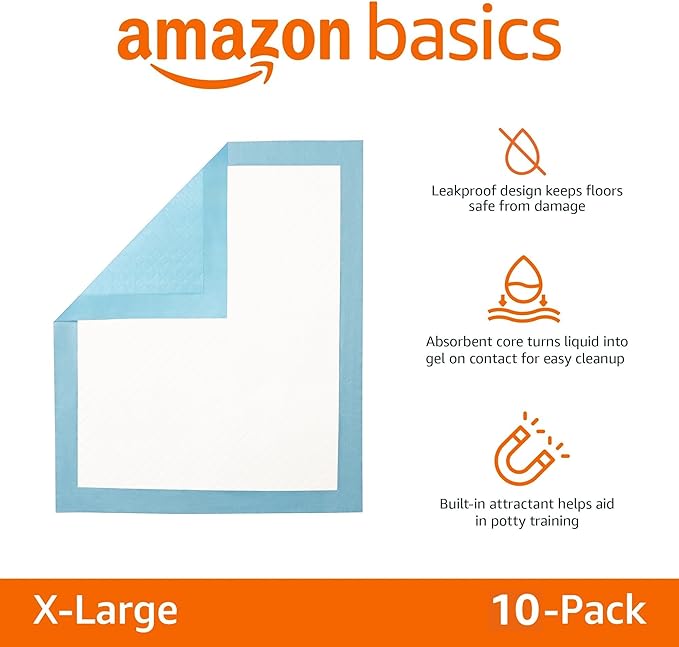Amazon Basics Heavy Duty Dog Training Pads with 5-Layer Leak-Proof Design, XL Puppy Pee Pads with Quick-Dry Surface, 34L x 28M inches, Blue & White, 10-Count