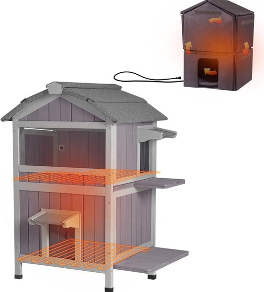 GUTINNEEN Heated Outdoor Cat House Two-Story Feral Cat Shelter for Multiple Cats Warming Condos with Heater and Insulated Liner