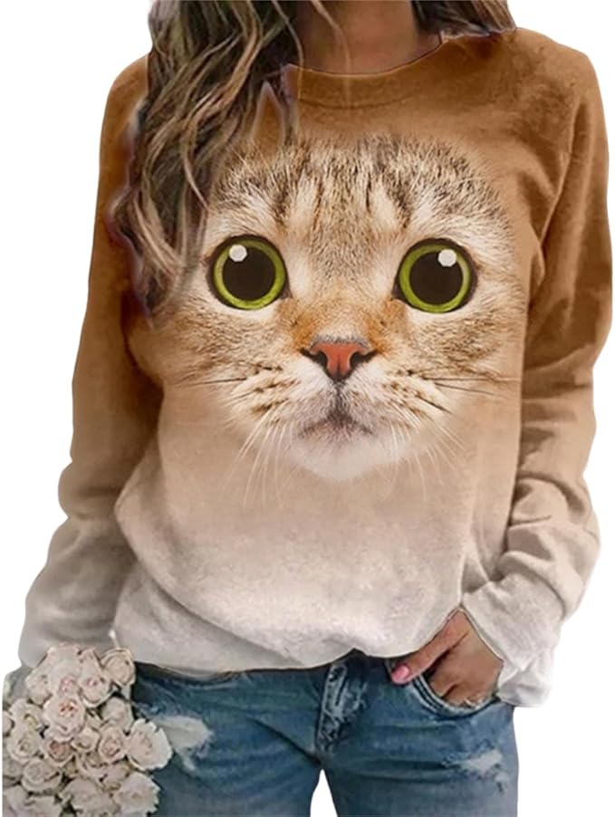 IVERIRMIN Women's 3D Cute Cat Print Sweatshirt Casual Long Sleeve Crewneck Cute Cat Pullover Loose Fit Shirts