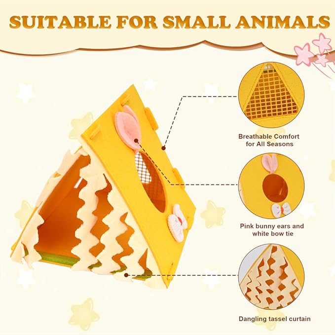 Hamster Hideout Tent (7"×6.5"×5.7") - Hamsters Hut with Bunny Ears, Tassel Curtain & Breathable Mesh - Small Pet Sanctuary for Hamsters,Young Guinea Pigs, Sugar Gliders