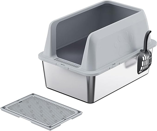 Stainless Steel Litter Box,Large Cat Litter Box with Cat Litter Mat,23.62 L×15.75 W×13.78 H,Heightened Fence Design,Easy to Clean, Odor-Free,Pet Toilet Supplies Wite Shovel