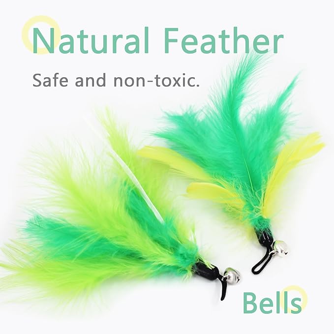 SONGWAY Cat Feather Wand - 7 Pcs Interactive Toys for Indoor Kitten, Retractable Wand With 6 Teaser Refills and Bell, Fishing Pole Toy, Green