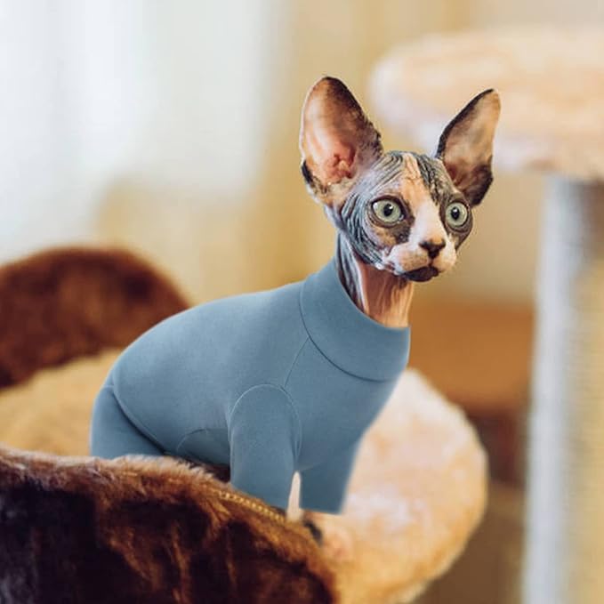 ROZKITCH Hairless Cat Clothes, Breathable Soft Cat Jumpers for Cats Only, Cat Coat with Four Legs, Warm Cat Sweater Cat T-Shirt Cat Pajamas Jumpsuit Vest Cornish Rex, Devon Rex, Peterbald Blue S
