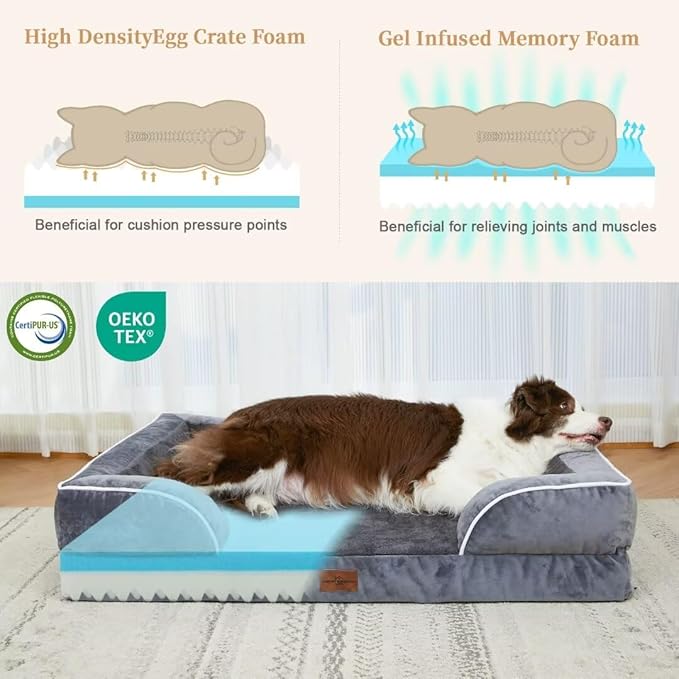 Comfort Expression Cooling Dog Bed, Memory Foam Orthopedic Dogs Beds for Extra Large Dogs, XL Dog Bed with Removable Cover, Waterproof Pet Beds Large with Bolster(X-Large,Leaden Grey)