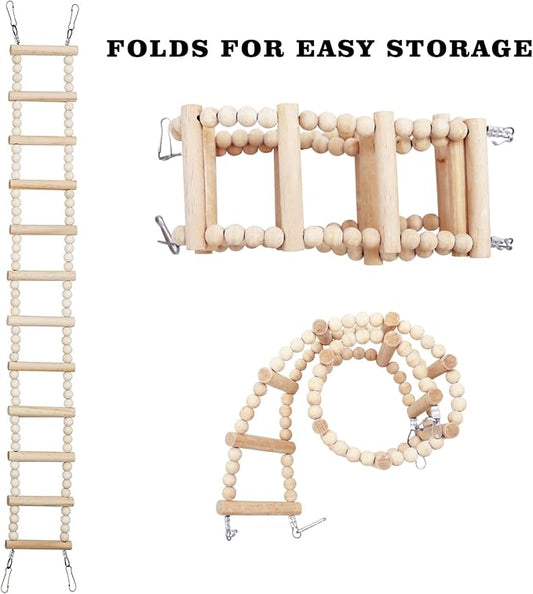 Long Bird Ladder with Wooden Rungs and Beads, Parakeet Climbing Swing Toys, Bird Cage Accessories, Wooden Climbing Bridge Toys for Parrots, Rat, Sugar Gliders, Squirrels, Snakes
