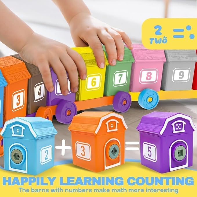 Farm Animals Train with 11 Finger Puppets, 10 Barns with Keys, Counting, Matching, Sorting Montessori Learning Toy for Toddler 1 2 3 4 Years Old, Educational Birthday Gift for Boys Girls Kids, 36PCS