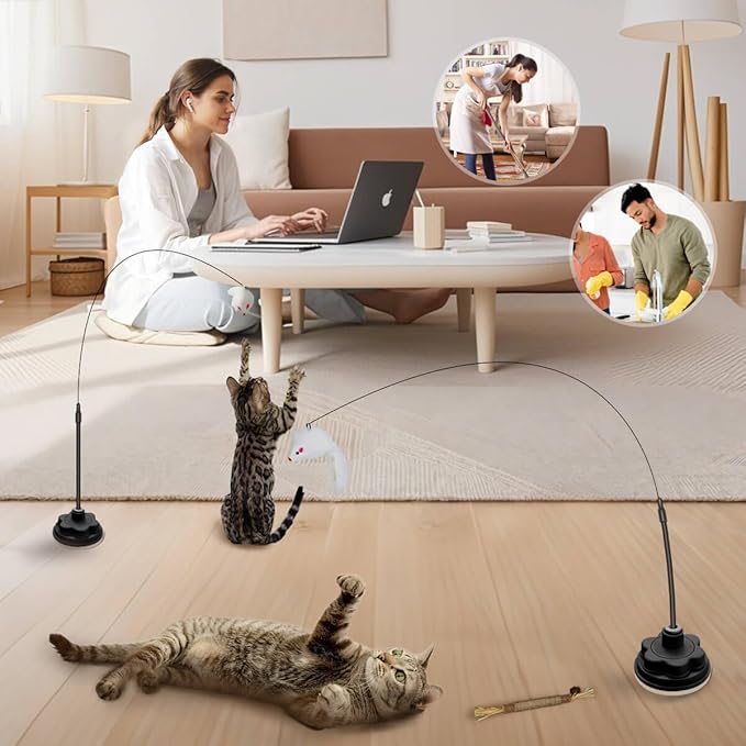 Suction Cup Cat Toys for Indoor Cats,3 in 1 Suction Cup Cat Toy,Interactive Simulation Cat Toy Set Self Play or Handheld,Feathers & Bells,Realistic Toy Mouse and Silvervine Sticks (Pink)