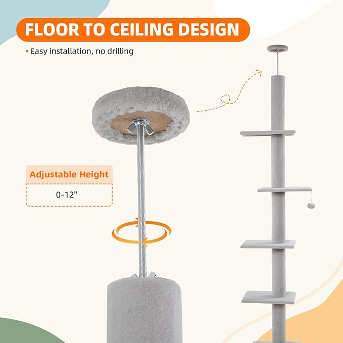 Cat Tree Floor to Ceiling Cat Tower 5-Tier Carpet Kitten Tree Cat Climbing Tower with Adjustable Height 98"-108", Tall Cat Trees with Platforms and Dangling Balls for Indoor Cats, Ash Grey