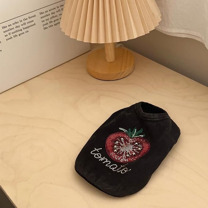 Washed Cotton Pet Vest with Rhinestone Fruit Designs, Soft & Stylish Small Dog Cat Vest for Spring Summer, Breathable & Shiny (Black-Tomato, Medium)