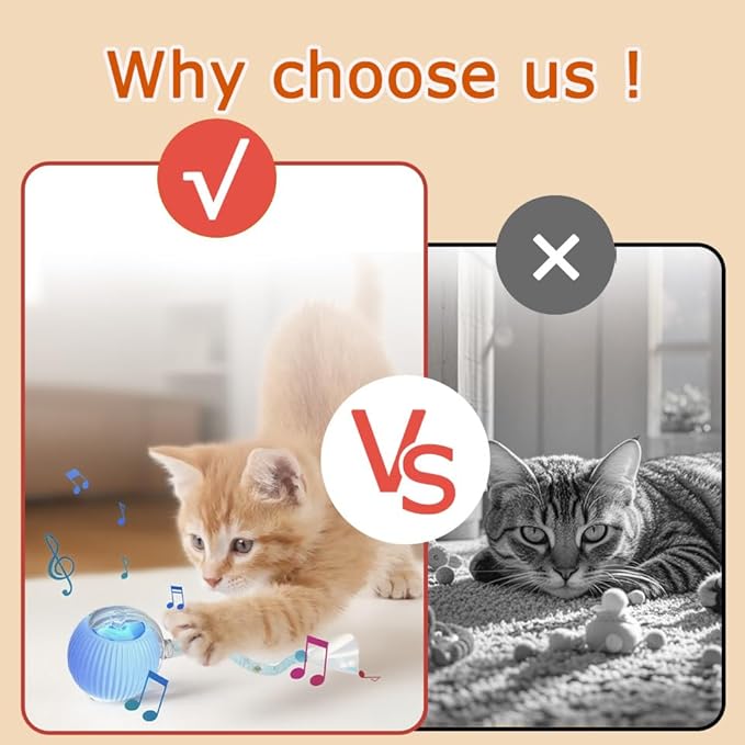 1PC Interactive Cat Toys for Indoor Cats,2025 New Generation Interactive Cat Ball Toy with Elastic Mesh Tail,Automatic Cat/Kitten Toys with Chirping & Motion Activate,Cat Toys for Bored Indoor,Blue