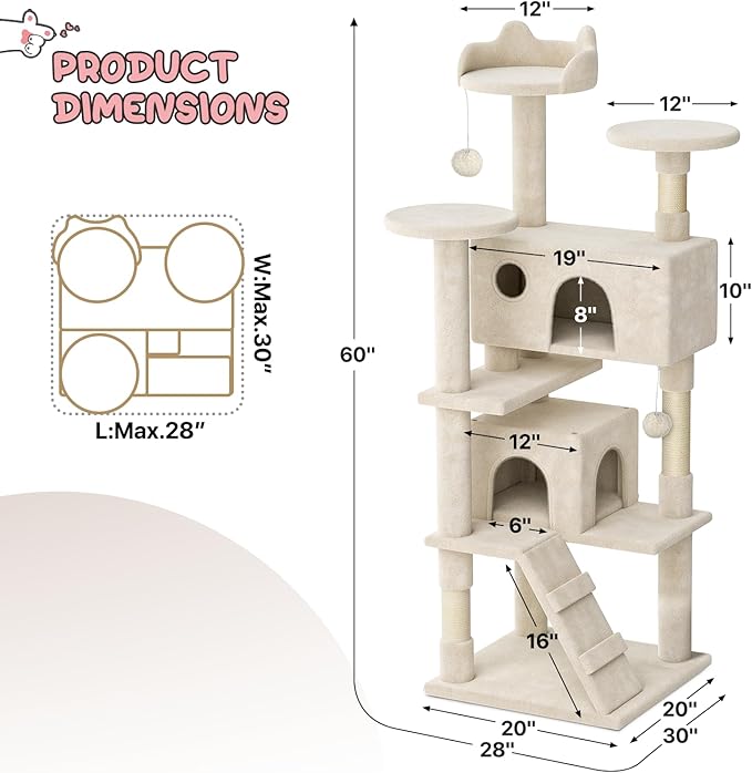 MoNiBloom 60 Inch Cat Tree Tower for Indoor Cats Large Adults, Cat Tower with Scratching Post, Multi-Level Furniture Activity Center with Cat Condo Pet Play House, Beige