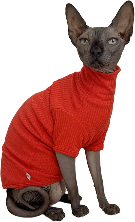 Sphynx Cats Shirt Cat Turtleneck Cotton Sweater Pullover Kitten T-Shirts with Sleeves Cat Pajamas Jumpsuit for Sphynx Cornish Rex, Devon Rex, Peterbald (Sunset, X-Large (Pack of 1))