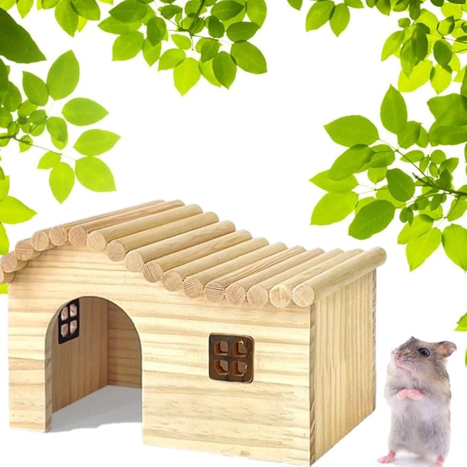 Guinea Pig Wood Hideout Hut with Window Small Animal Wooden House for Rat Chinchilla Hedgehog Hamster Rabbit Bunny (Large)