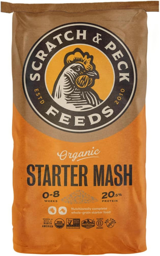 Scratch and Peck Feeds Whole Grain Starter Mash Chicken and Duck Feed - 25 lbs Bag - Corn-Free and Soy-Free - 20.5% Protein, Certified Organic and Non-GMO Project Verified Chicken Food