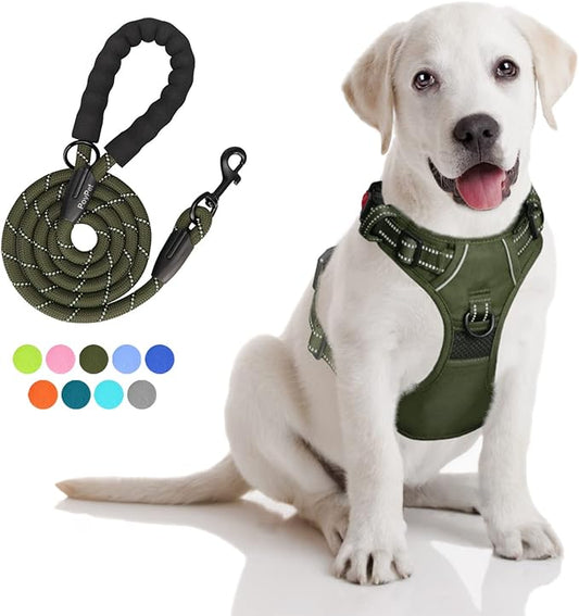 PoyPet No Pull Dog Harness and 5 Feet Leash Set, Release on Neck Reflective Adjustable Pet Vest, Front & Back 2 D-Ring and Soft Padded Pet Harness with Handle for Small to Large Dogs(Military Green,S)