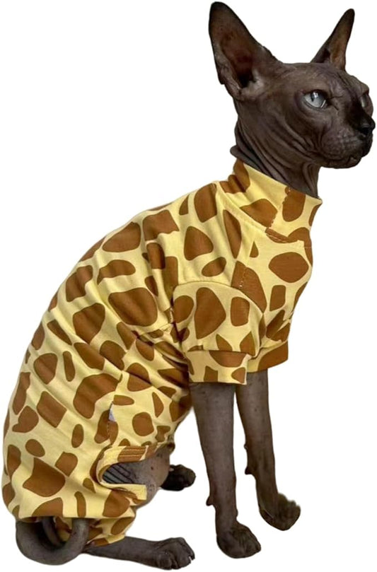 Sphynx Cat Four Leg Cotton Pajamas Elastic Pet Clothes for Hairless Cats Surgery Recovery Suit Undershirt Thermal Clothes for Sphynx, Devon, Cornish (Giraffe, M)