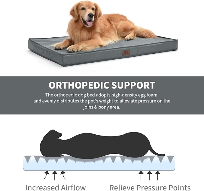 Orthopedic Dog Bed for Large Dogs, Outdoor Waterproof Dog Bed Washable Pet Bed for Large Sized Dogs with Egg Crate Foam Pet Bed Mat, Removable Oxford Cooling Cover, Grey