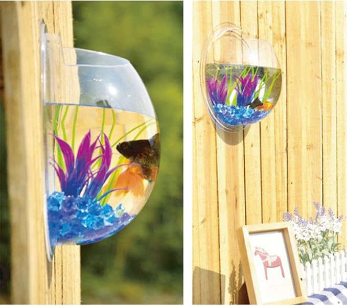 Hanging Wall Mounted 1 Gallon Fish Tank Bowl Aquarium Wall Decor Plant Fish Bubble - Clear (Large)