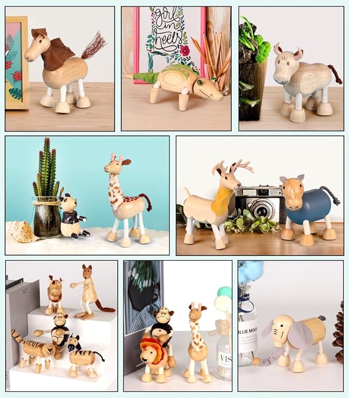 6 Pack Bendable Wooden Animal Figurines - Smooth Natural Wood Zoo & Jungle Safari Animals - Preschool Learning & Education Toys for Toddlers & Kids