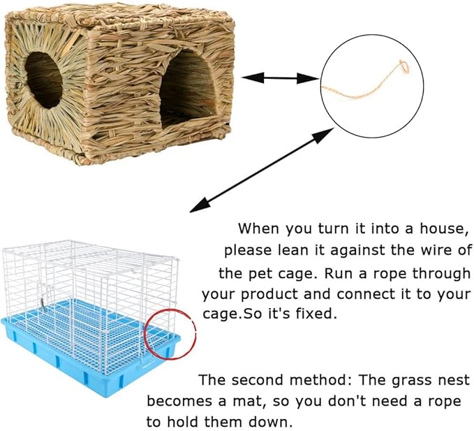 Rabbit Grass House - Natural Hand Woven Seagrass Play Hay Bed, Hideaway Hut Toy for Bunny Hamster Guinea Pig Chinchilla Ferret