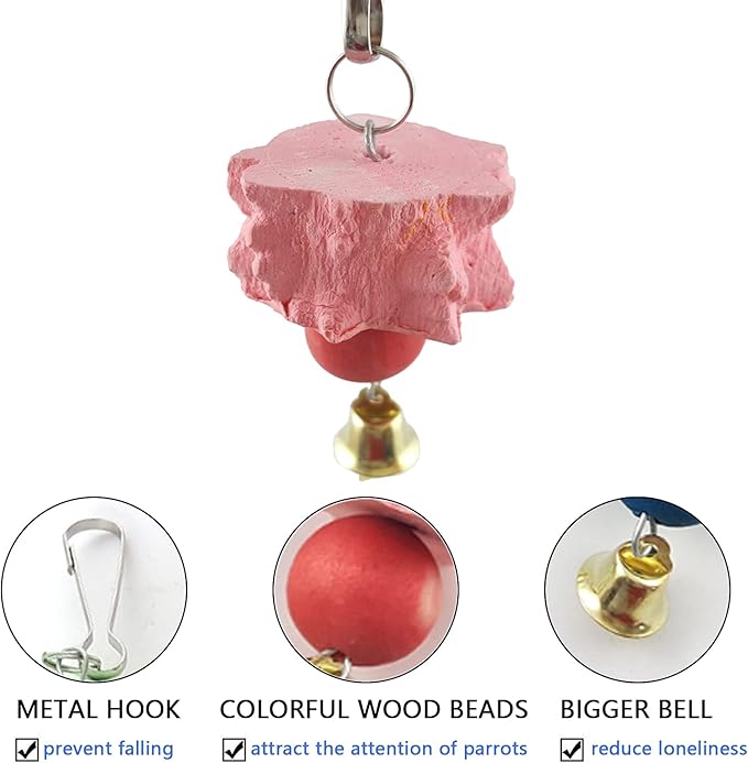 Bird Grinding Beak Calcium Stone with Bell,Rat Mineral Lava Block Trimming Teeth Chewing Toys for Chinchilla Bunny Budgie Cockatiel Parakeet Parrot 6-Pcs(Random Delivery of Color)