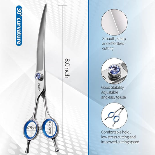 Left Handed Curved Scissors for Dog Grooming Professional 8 inch Long Downward Curved Shears Grooming for Poodle Large Dogs Pet 30°Japanese 440C Stainless Steel (8.0 curved)