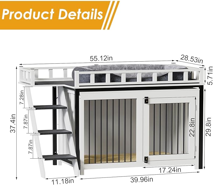 PakaLife Loft-Style Dog Crate Furniture with Double Doors, Heavy Duty Dog Kennel Indoor for Medium and Large Dogs, Wooden Pet House with Multi-Purpose Blanket and Fluffy Dog Bed