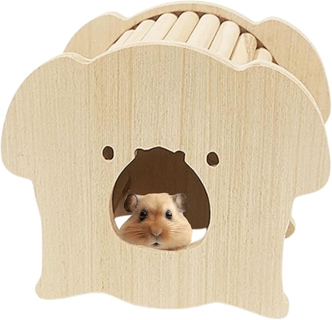 Hamster Wooden Hideout House Natural Wood Pet Rats Climbing Play Hut Hideaway Room for Small Chicken Hedgehogs Chinchilla Habitat Pet Cage Accessories (B)