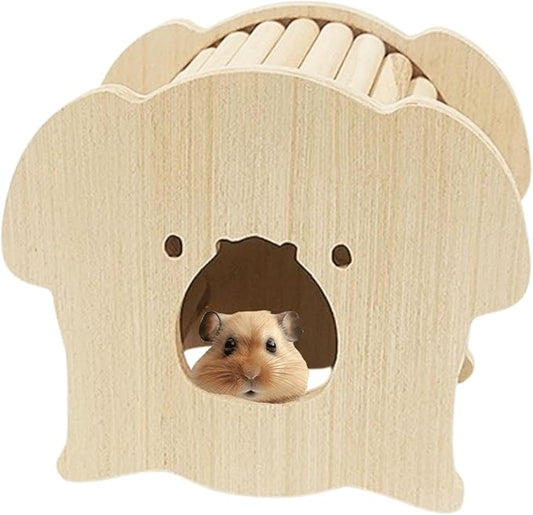 Hamster Wooden Hideout House Natural Wood Pet Rats Climbing Play Hut Hideaway Room for Small Chicken Hedgehogs Chinchilla Habitat Pet Cage Accessories (B)