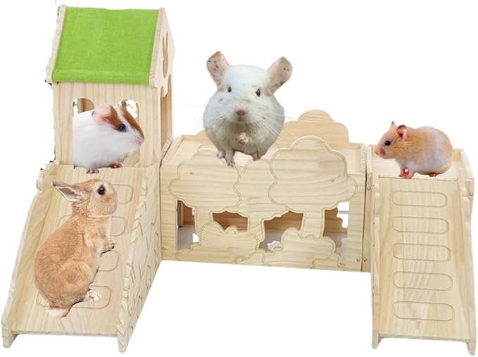 Wooden Guinea Pig Hideout, Bunny Houses and Hideouts Climbing Toys, Hamster Maze, Small Animal Accessories for Rabbit, Chinchilla, Rat, Mice, Gerbil (Combinations 7)
