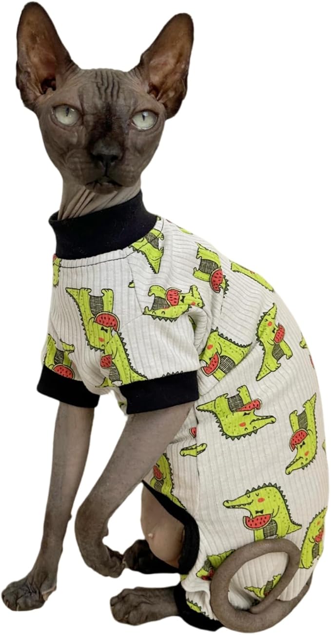 Sphynx Cat Four Leg Cotton Pajamas Elastic Pet Clothes for Hairless Cats Surgery Recovery Suit Undershirt Clothes for Sphynx, Devon, Cornish (Crocodile, M)