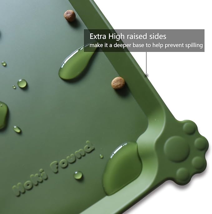 Hoki Found Large Silicone Pet Food Mats Tray - Waterproof Dog Pet Cat Feeding Mat - Non Slip Pet Dog Cat Food Bowl Mats Placemat -Pet Water Mats for Carpet - Dark Olive