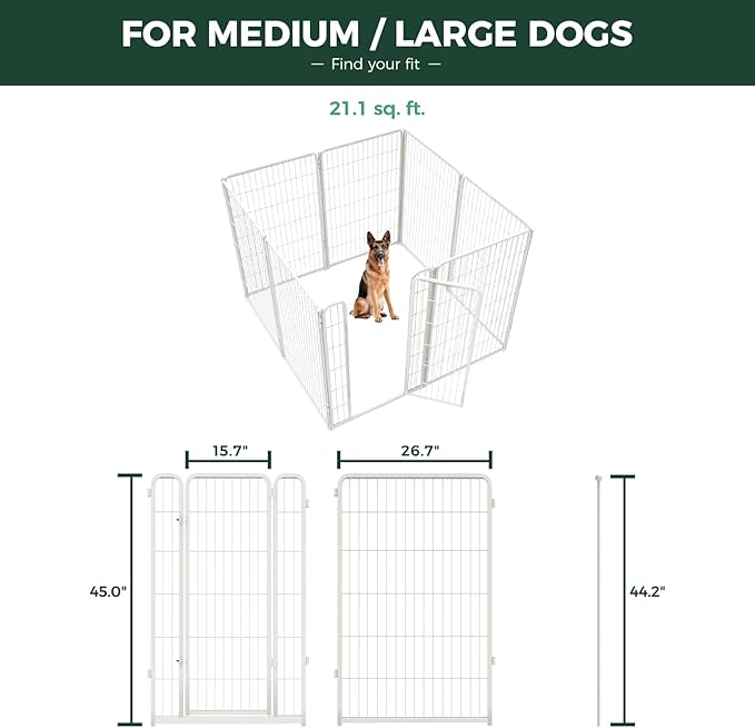 FXW Homeplus Unleashed Indoor Dog Playpen - Stress-Free and Safe Play, Heavy Duty 45 Inch 8 Panels with Magnetic Hook & Loop Patch Board for Large Dogs, White│Patented