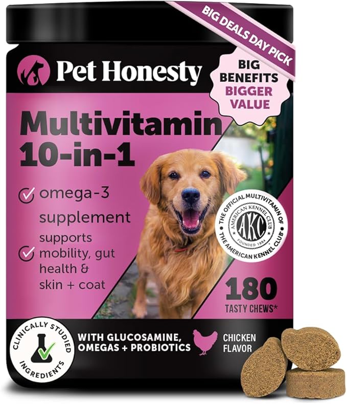 Dog Multivitamin - 10 in 1 Dog Vitamins for Health & Heart - Omega Fish Oil, Glucosamine & Probiotics - Dog Vitamins and Supplements for Skin and Coat (Chicken 180 ct)