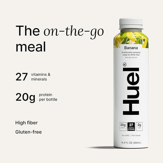 Huel Ready-to-Drink | Banana Meal Replacement Drink | High Protein Drink | Nutritionally Complete, Low Sugar, High Fiber, Plant Based, Vegan, Healthy | 20g Protein Per Bottle, 16.9 Fl Oz (12 Pack)